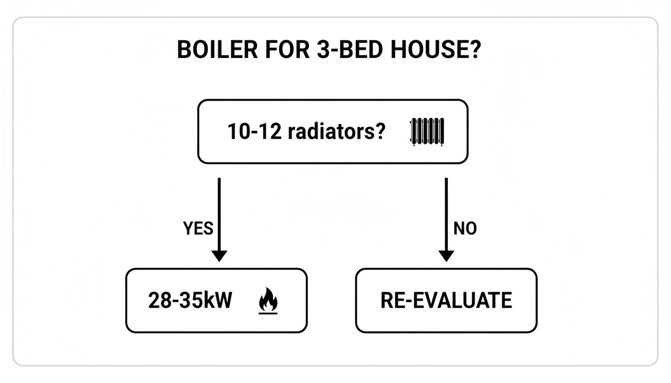 Flowchart guiding boiler power selection for a 3-bedroom house based on 10-12 radiators.