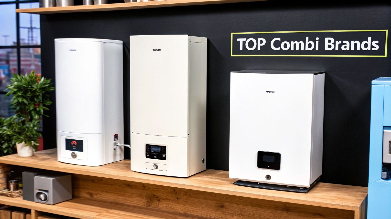 Three modern white combi boilers from top brands displayed on a wooden shelf in a showroom.