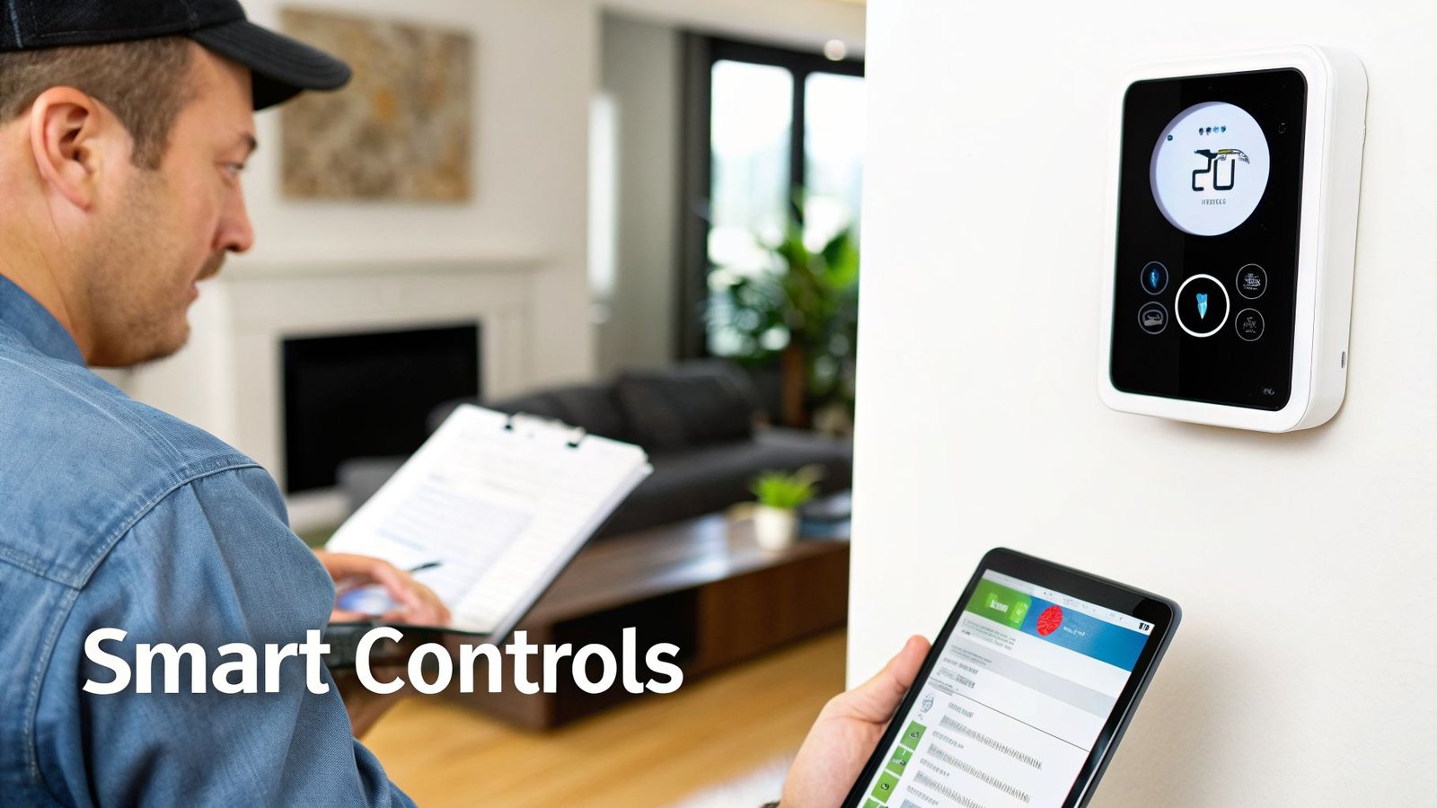 A technician checks a clipboard while a smart thermostat and tablet display home control apps.