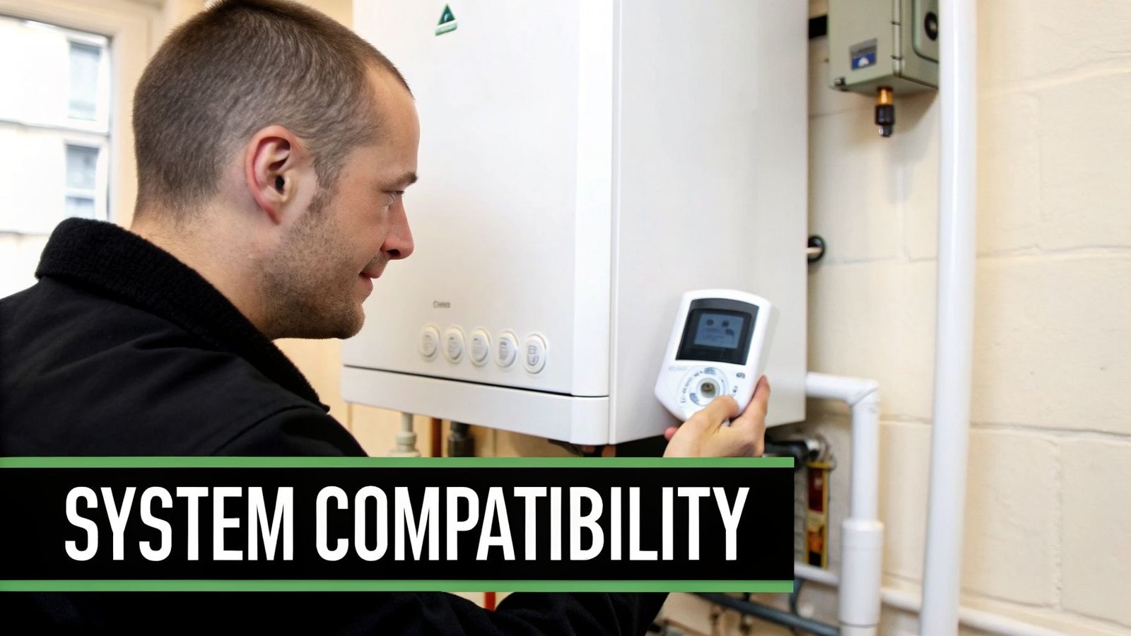 Man adjusting a white smart thermostat next to a gas boiler, illustrating system compatibility.