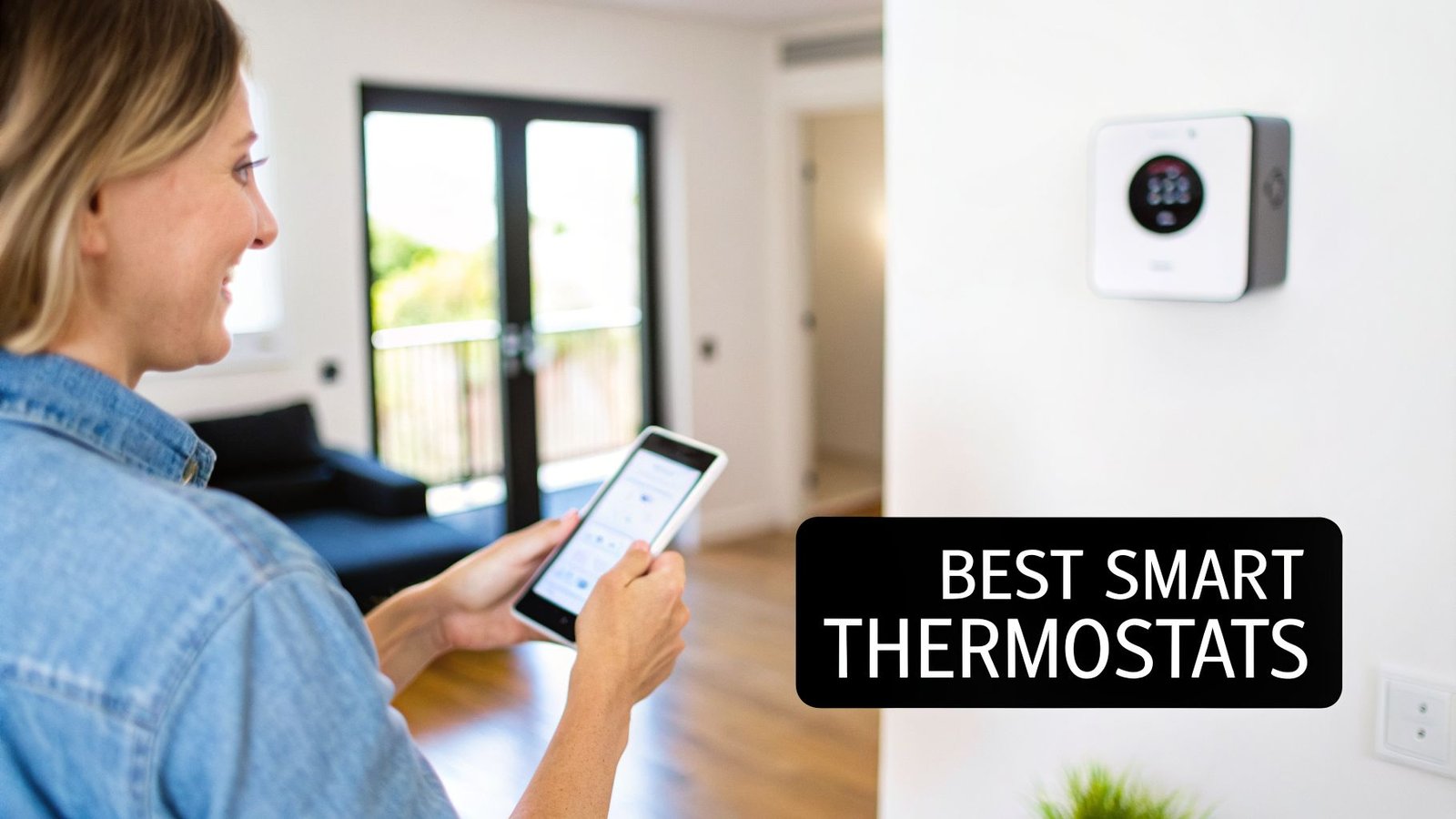 A smiling woman uses her phone to control a smart thermostat mounted on a white wall.