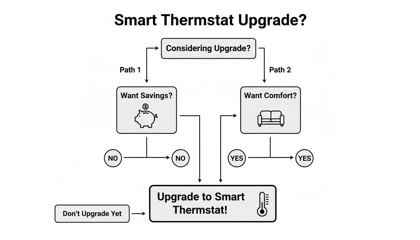 Flowchart guiding the decision to upgrade to a smart thermostat based on desired savings or comfort.