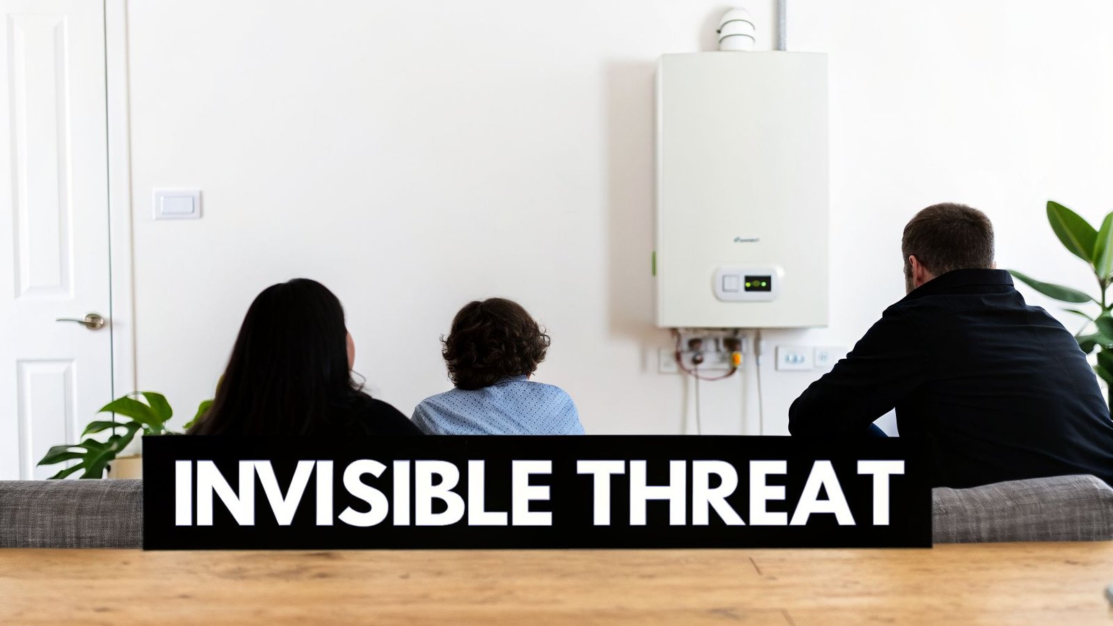 Three people look at a wall-mounted boiler, with a prominent "INVISIBLE THREAT" text in the foreground.