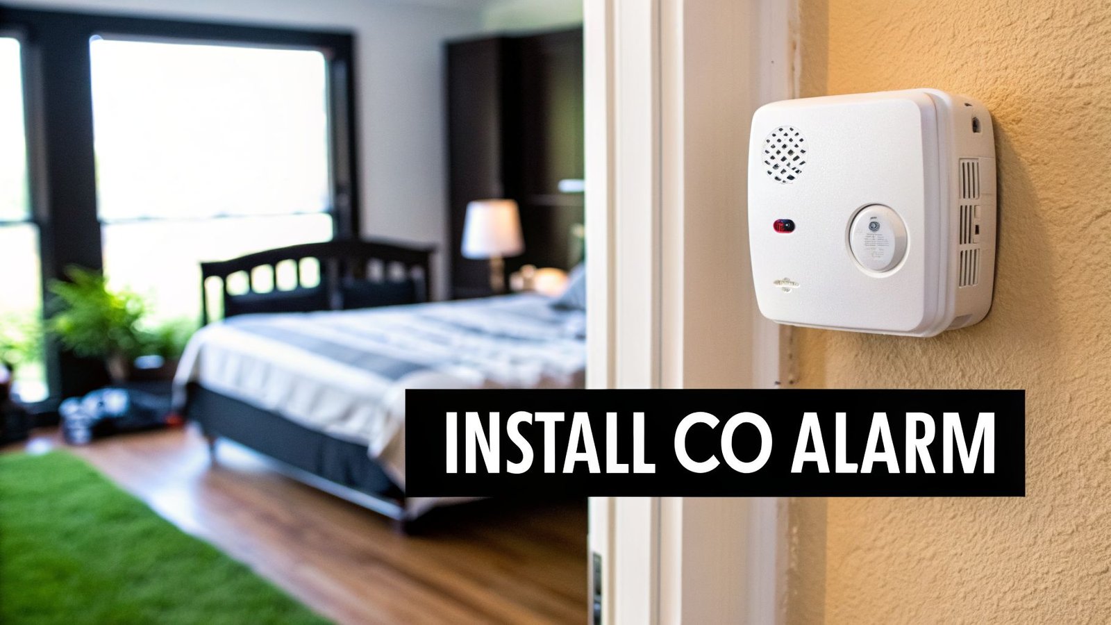 A white carbon monoxide alarm is mounted on a textured wall next to a bedroom doorway. Text: INSTALL CO ALARM.