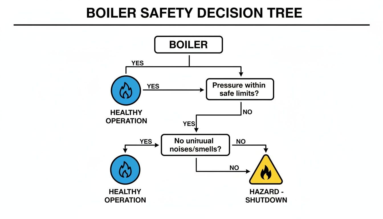 Flowchart illustrating a boiler safety decision tree for healthy operation or hazard shutdown.