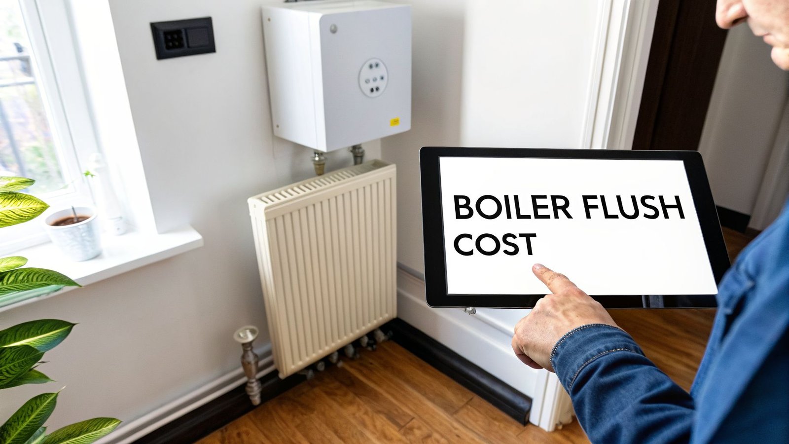 A person points at a tablet displaying 'BOILER FLUSH COST' next to a boiler and radiator.
