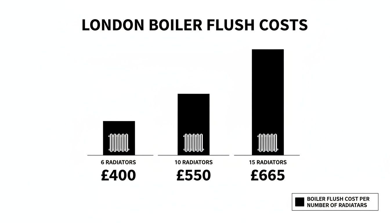 Bar chart illustrating London boiler flush costs: £400 for 6 radiators, £550 for 10, and £665 for 15.