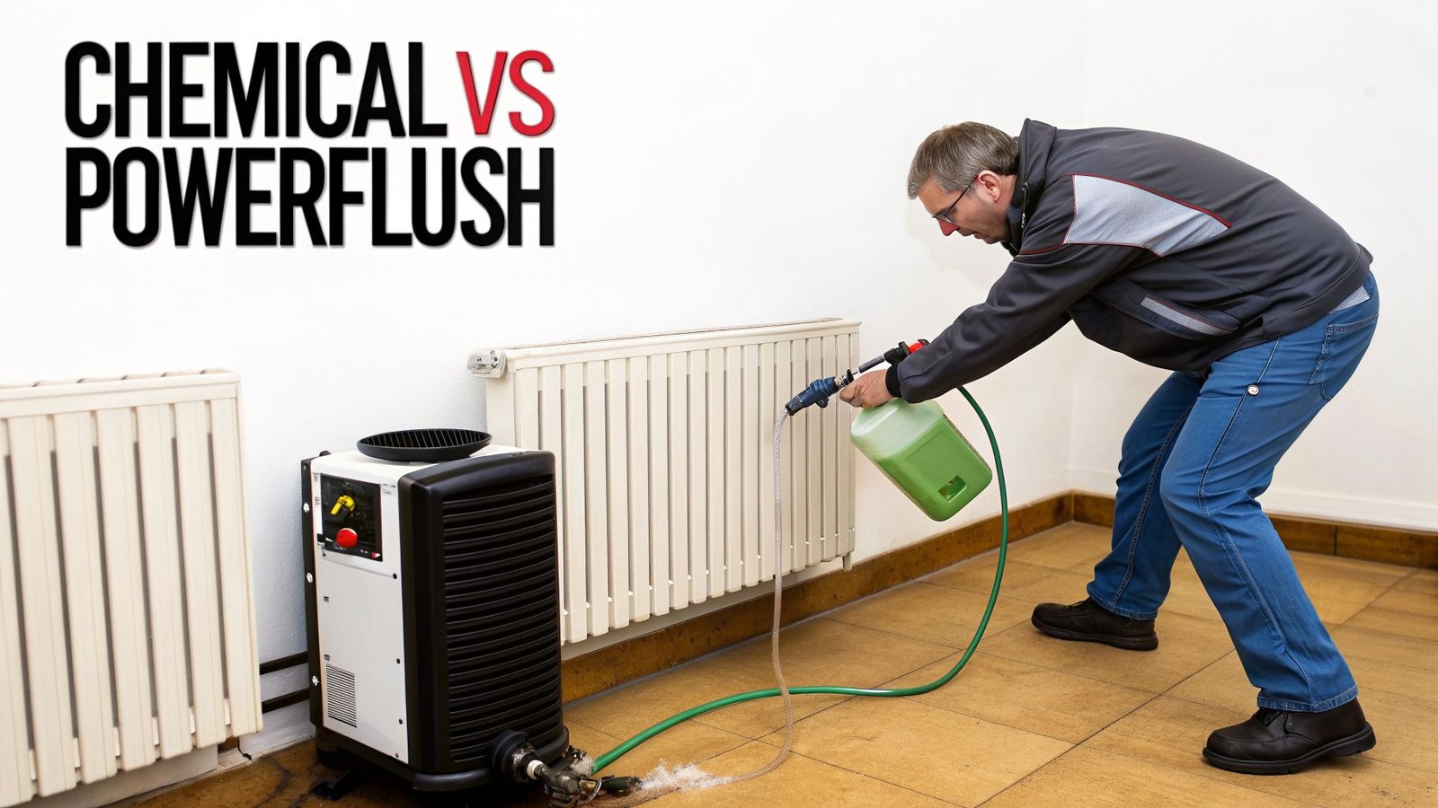 A man powerflushing a radiator using a specialist machine and green liquid, with text 'CHEMICAL VS POWERFLUSH'.