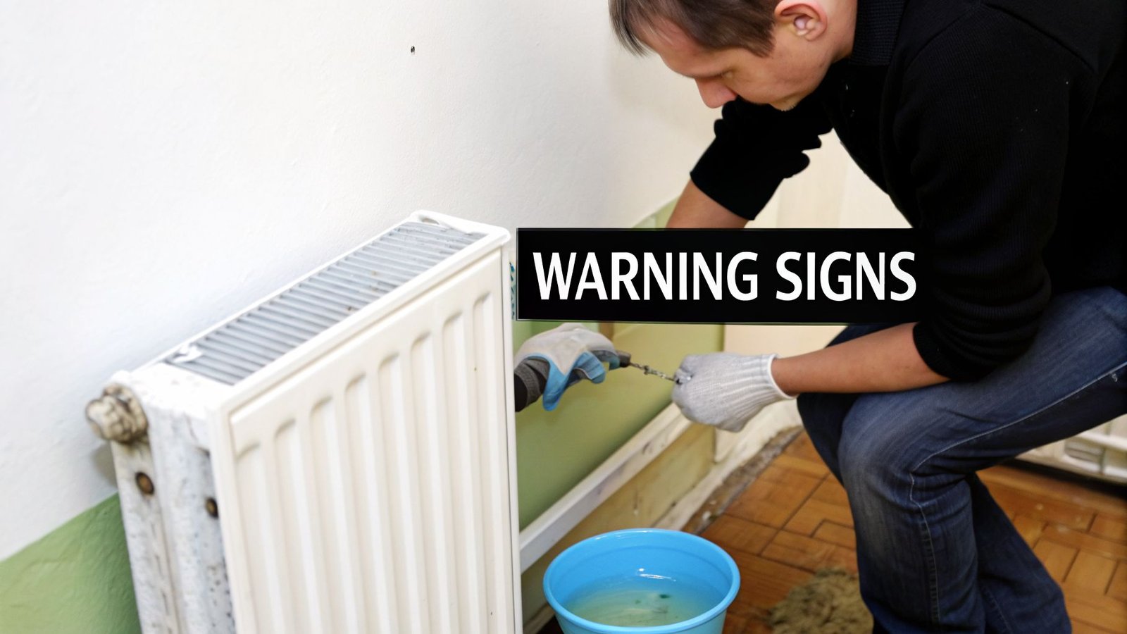 A man in gloves working on a white radiator with a blue bucket for water, overlaid with 'WARNING SIGNS' text.