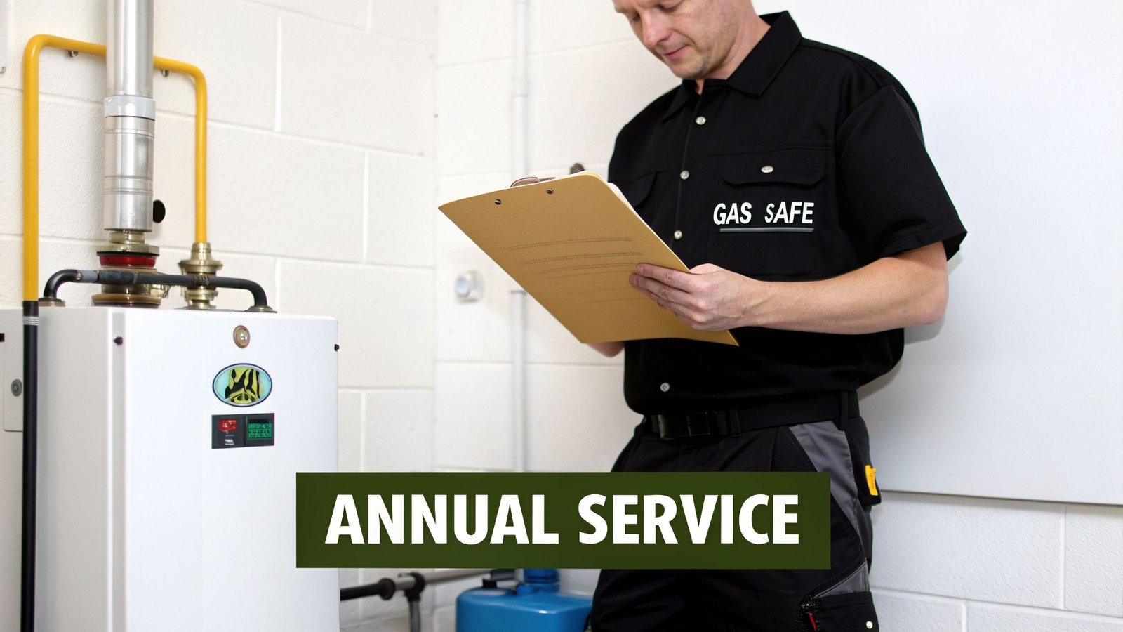 A Gas Safe engineer inspecting a white boiler unit, performing an annual service check.