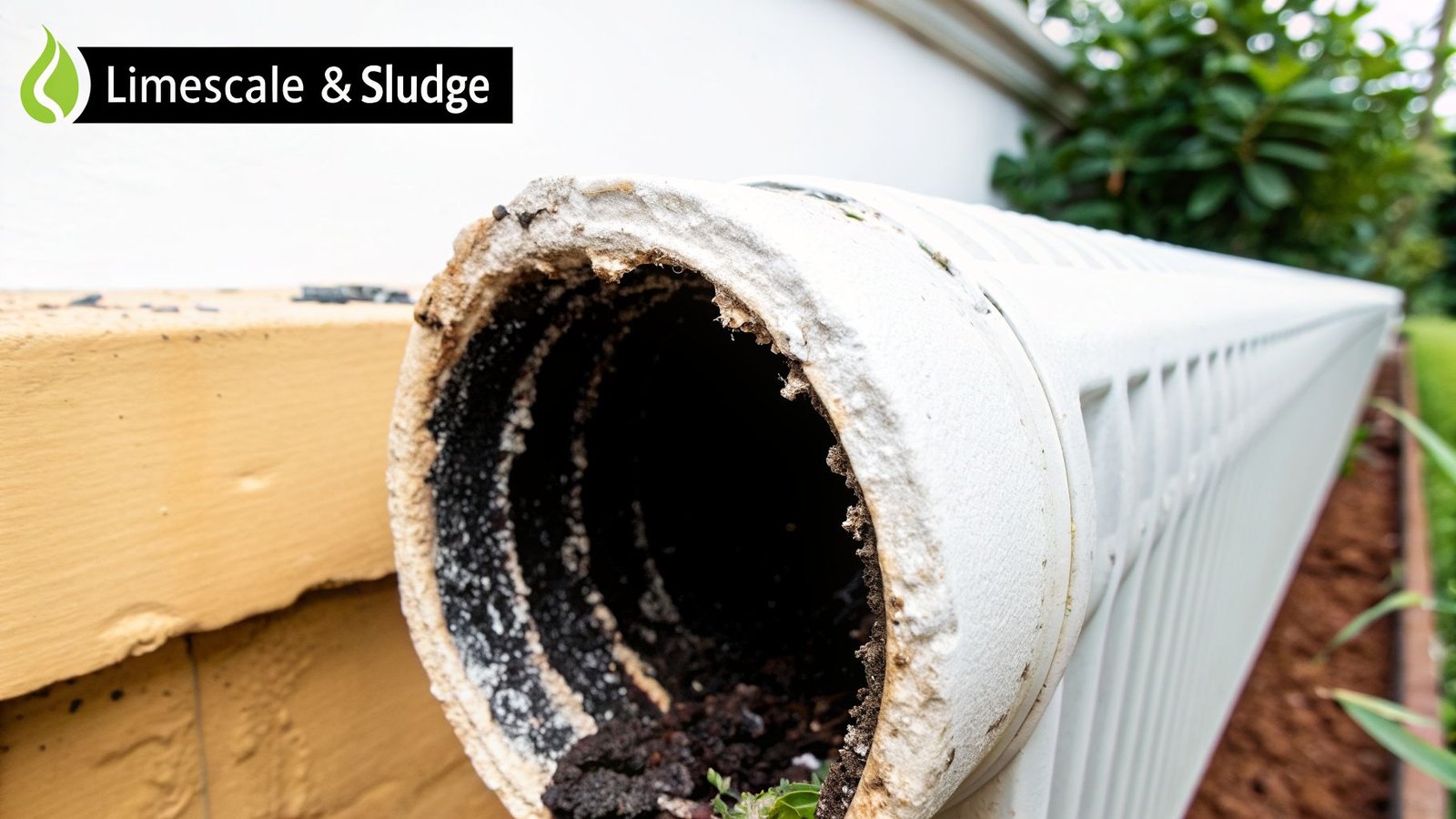 Close-up of a severely corroded white drainage pipe showing heavy limescale and dark sludge buildup.