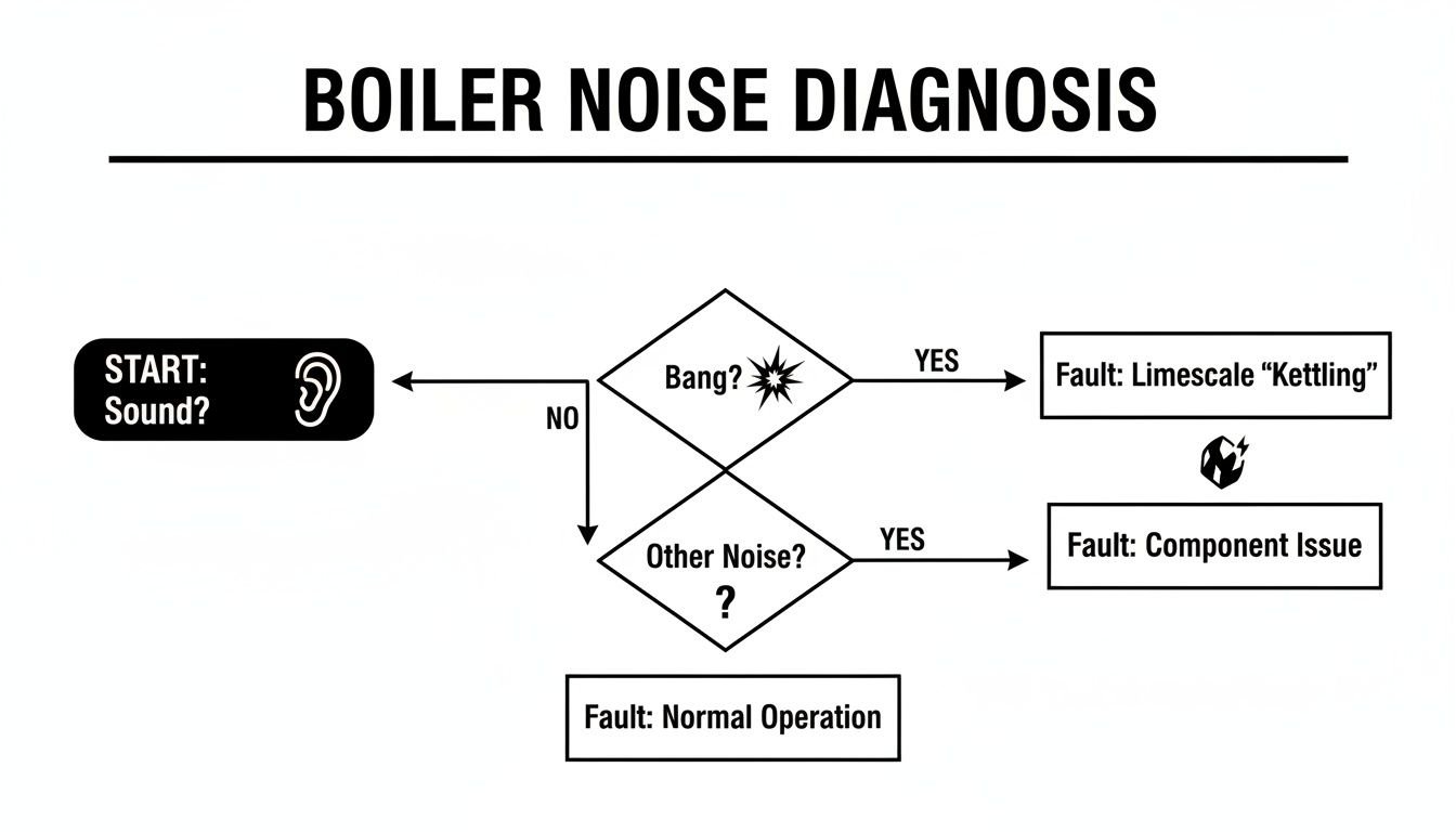 Boiler noise diagnosis flowchart helps identify faults such as limescale kettling or component issues.