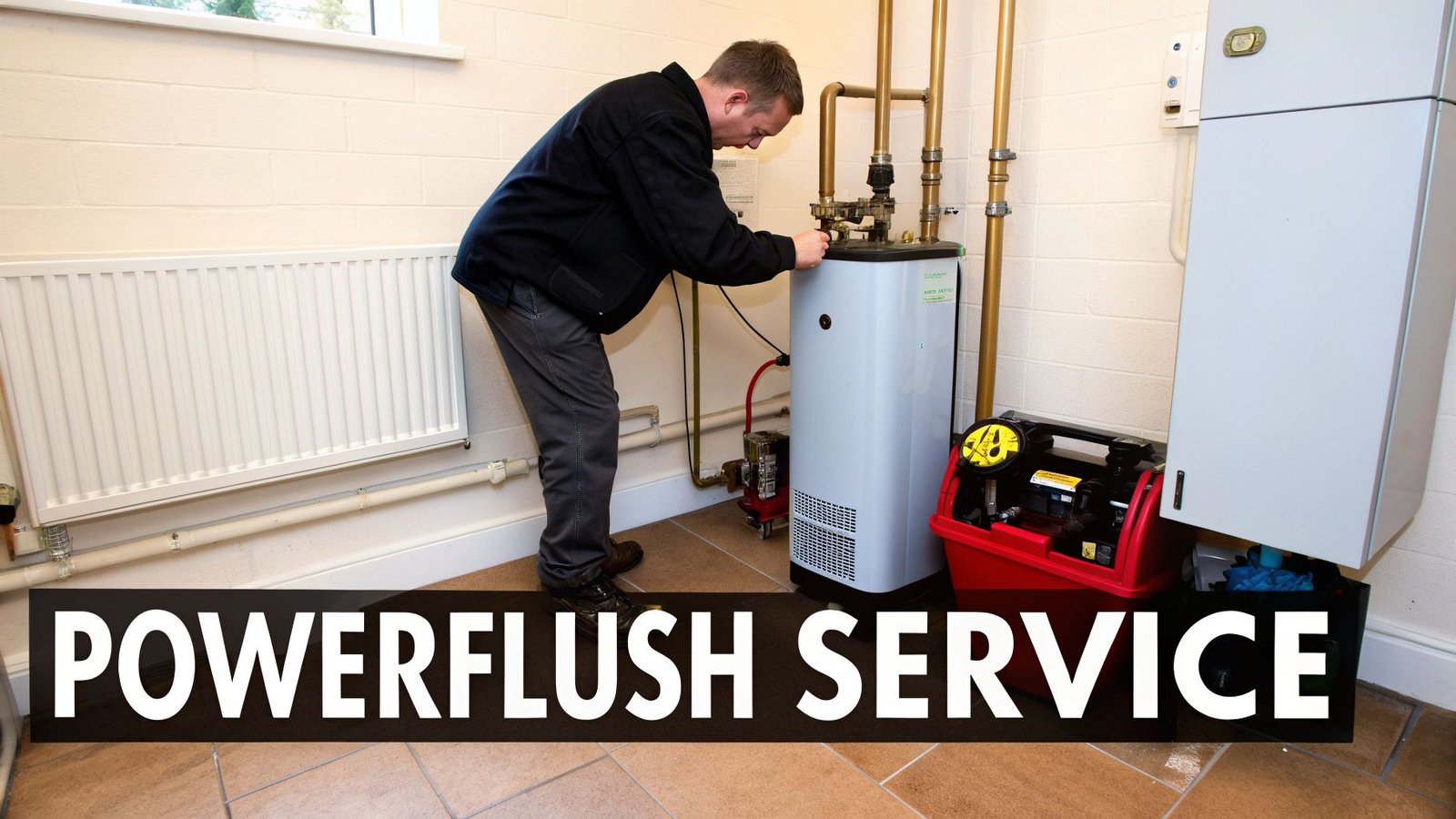 A technician performs a powerflush service on a central heating system with a boiler and pipes.
