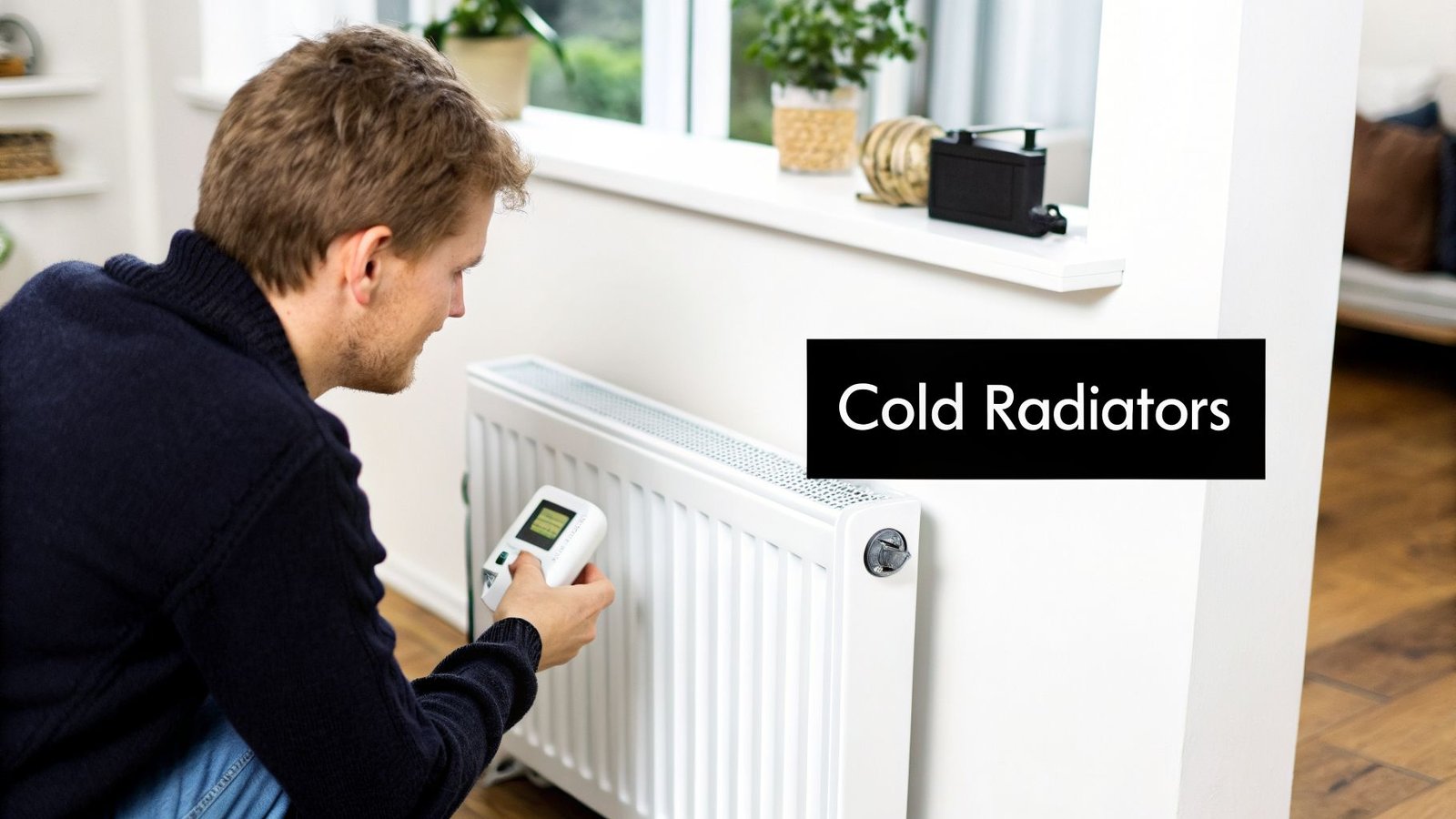 A man checks a white radiator with a digital device, addressing a "cold radiators" problem.