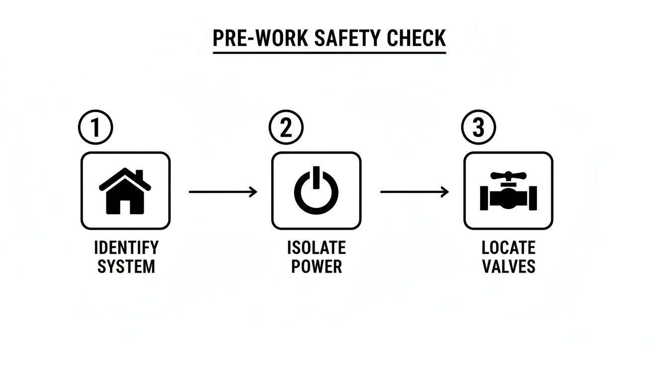 A pre-work safety check infographic with three steps: identify system, isolate power, locate valves.