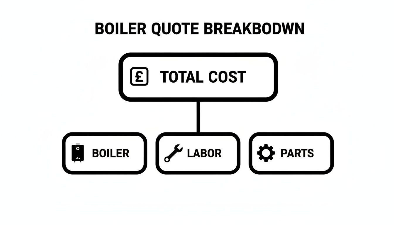 A flowchart illustrating a boiler quote breakdown, showing total cost, boiler, labor, and parts.