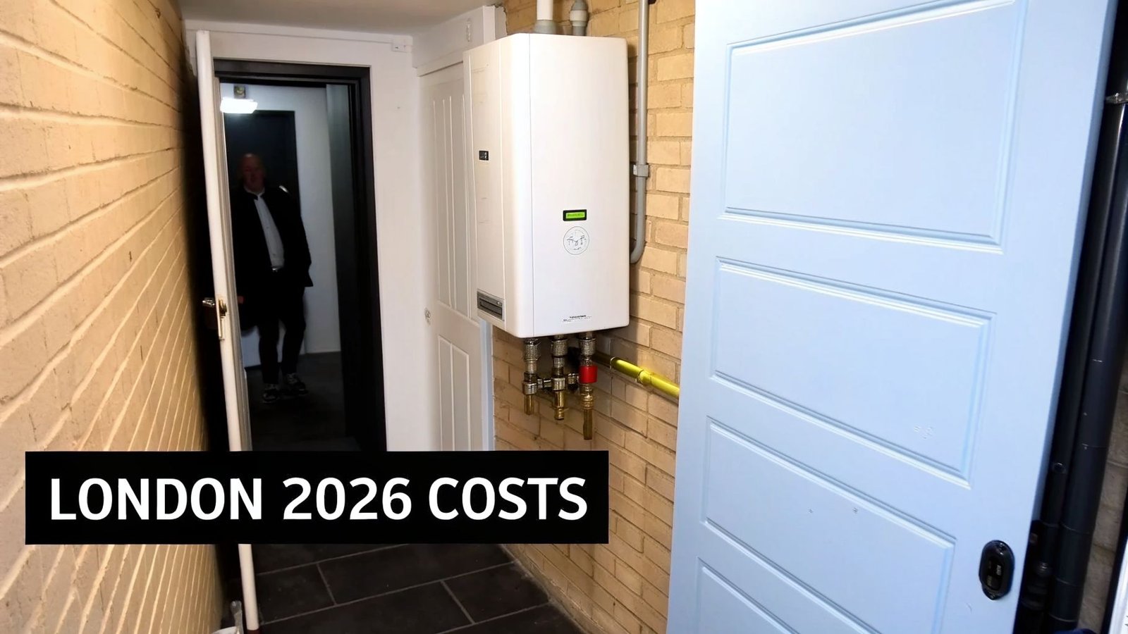 A modern white combi boiler mounted on a brick wall, with text 'LONDON 2026 COSTS' and a person.