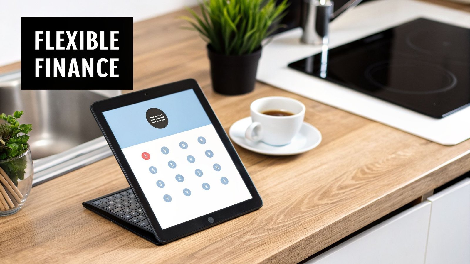 A tablet displaying currency symbols for flexible finance, a coffee, and a plant on a kitchen counter.
