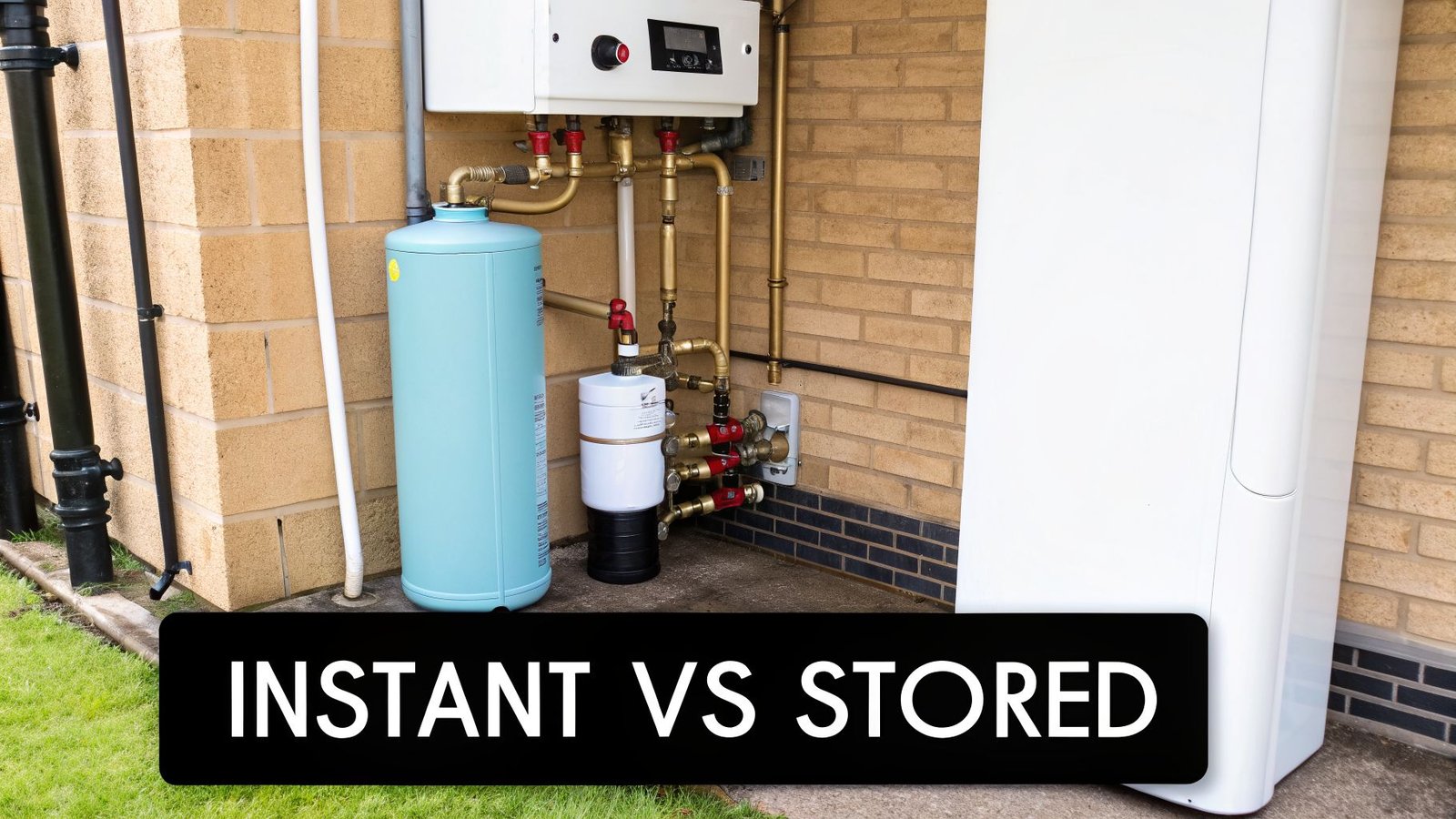 Outdoor heating system featuring a combi boiler and a blue hot water tank against a brick wall.