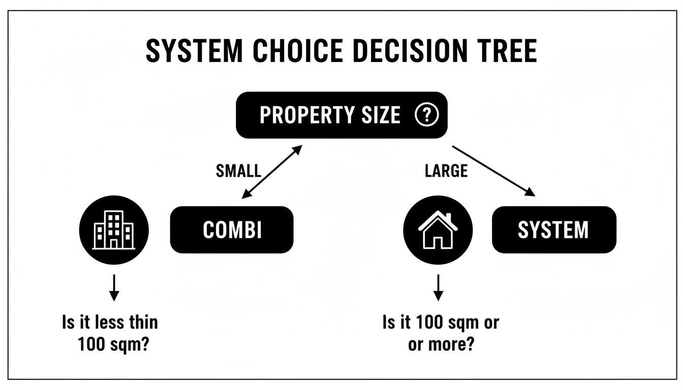 Decision tree illustrating the choice between combi and system boilers based on property size, small or large.
