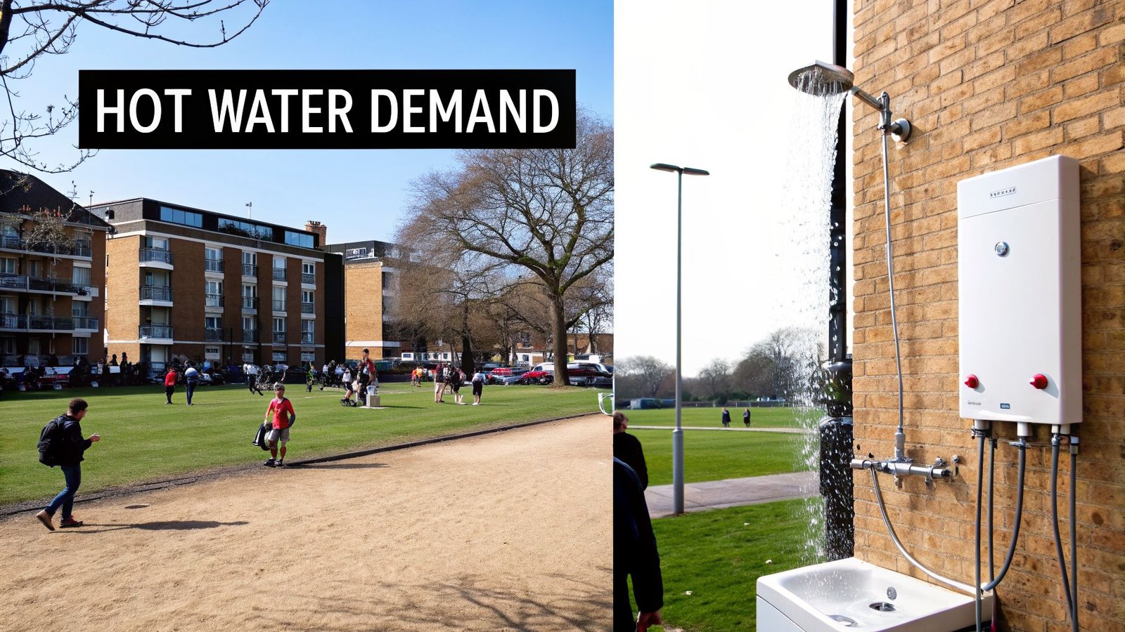 An outdoor shower and hot water heater mounted on a brick wall, with a park and buildings in the background. Text overlay reads 'HOT WATER DEMAND'.