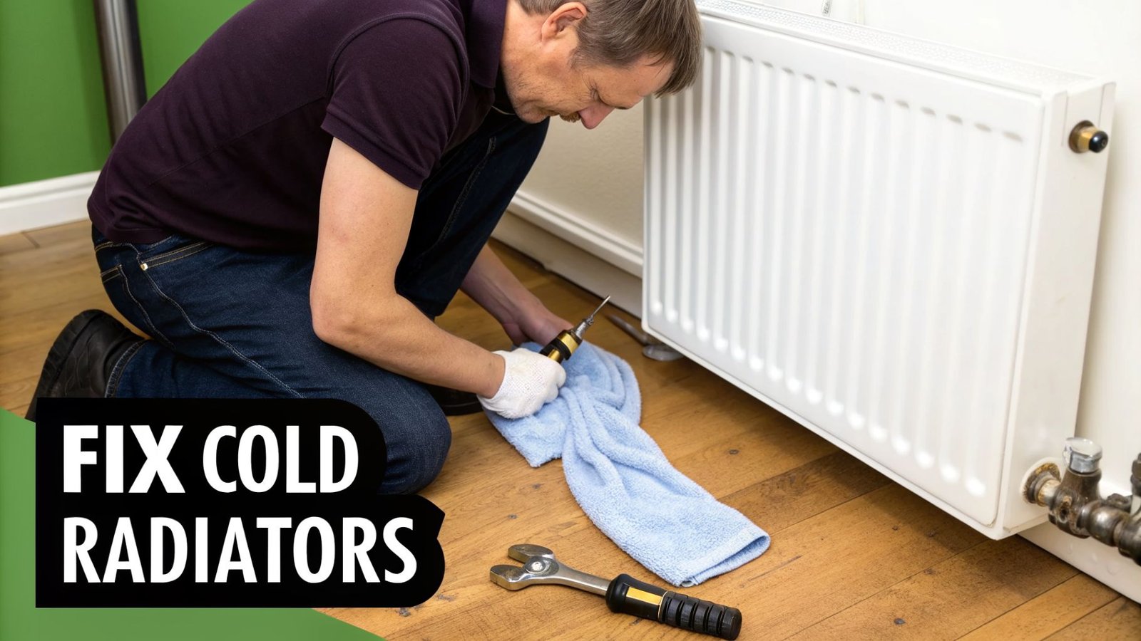 A man kneels on a wooden floor, bleeding a white radiator with a tool and towel.