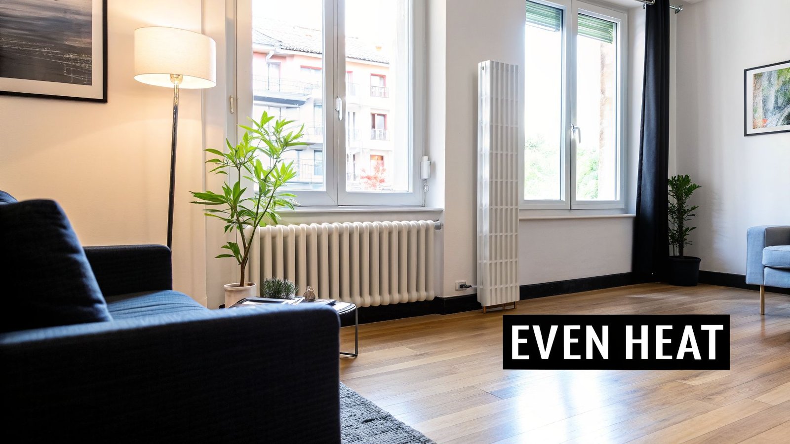 A modern living room with a sofa, plants, and two different white radiators, bathed in natural light.
