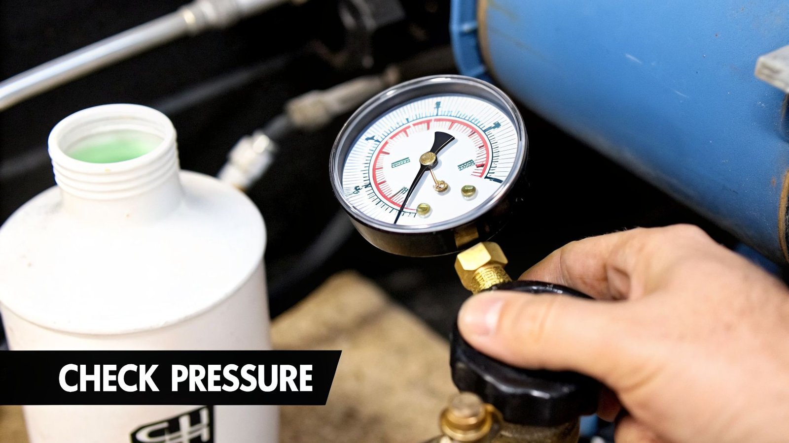 A hand adjusts a pressure gauge, next to an open bottle containing green liquid, for a system check.