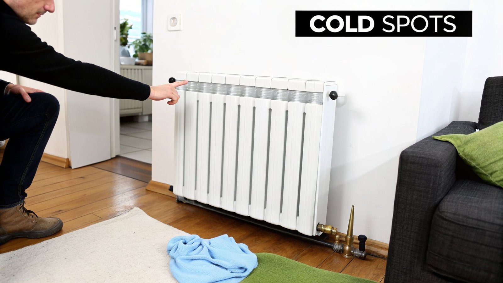 A person checks a white radiator for cold spots, highlighting a common home heating issue.