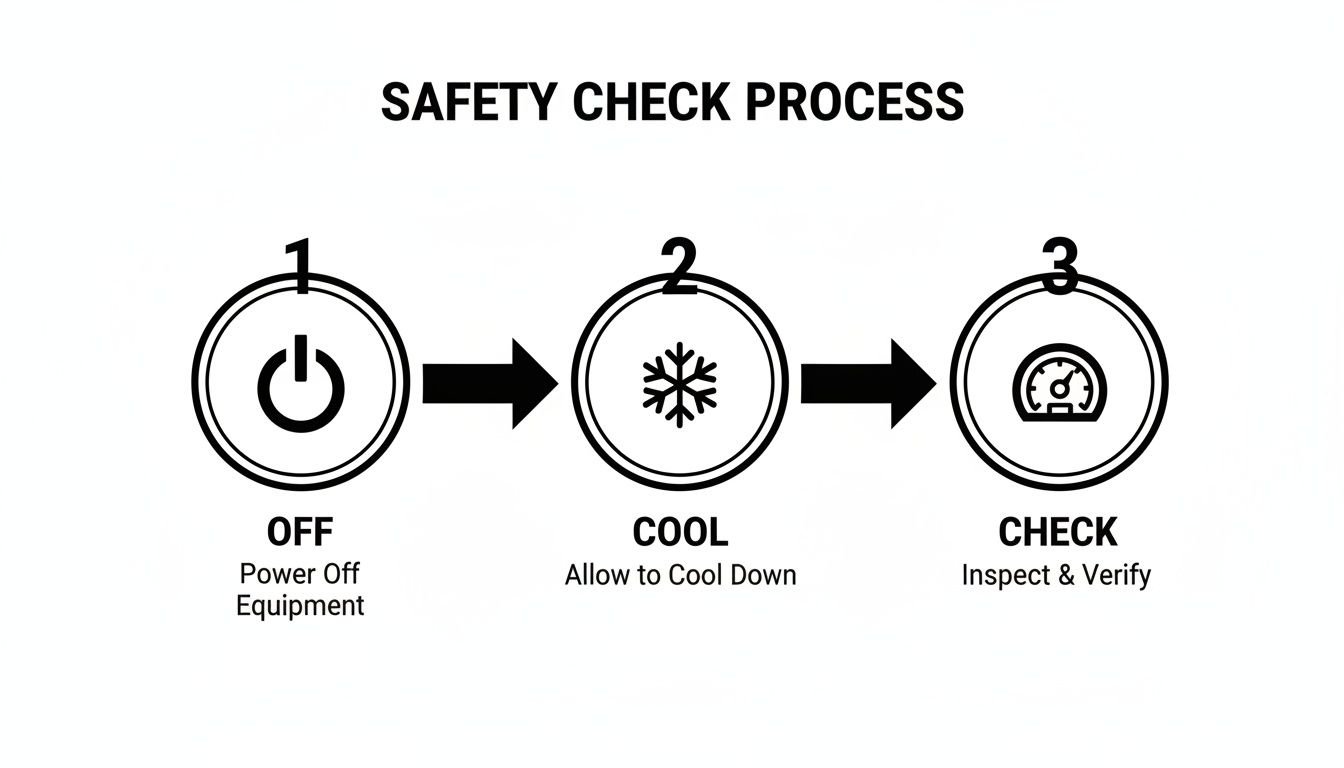 A safety check process diagram illustrating three steps: power off, cool down, and inspect equipment.