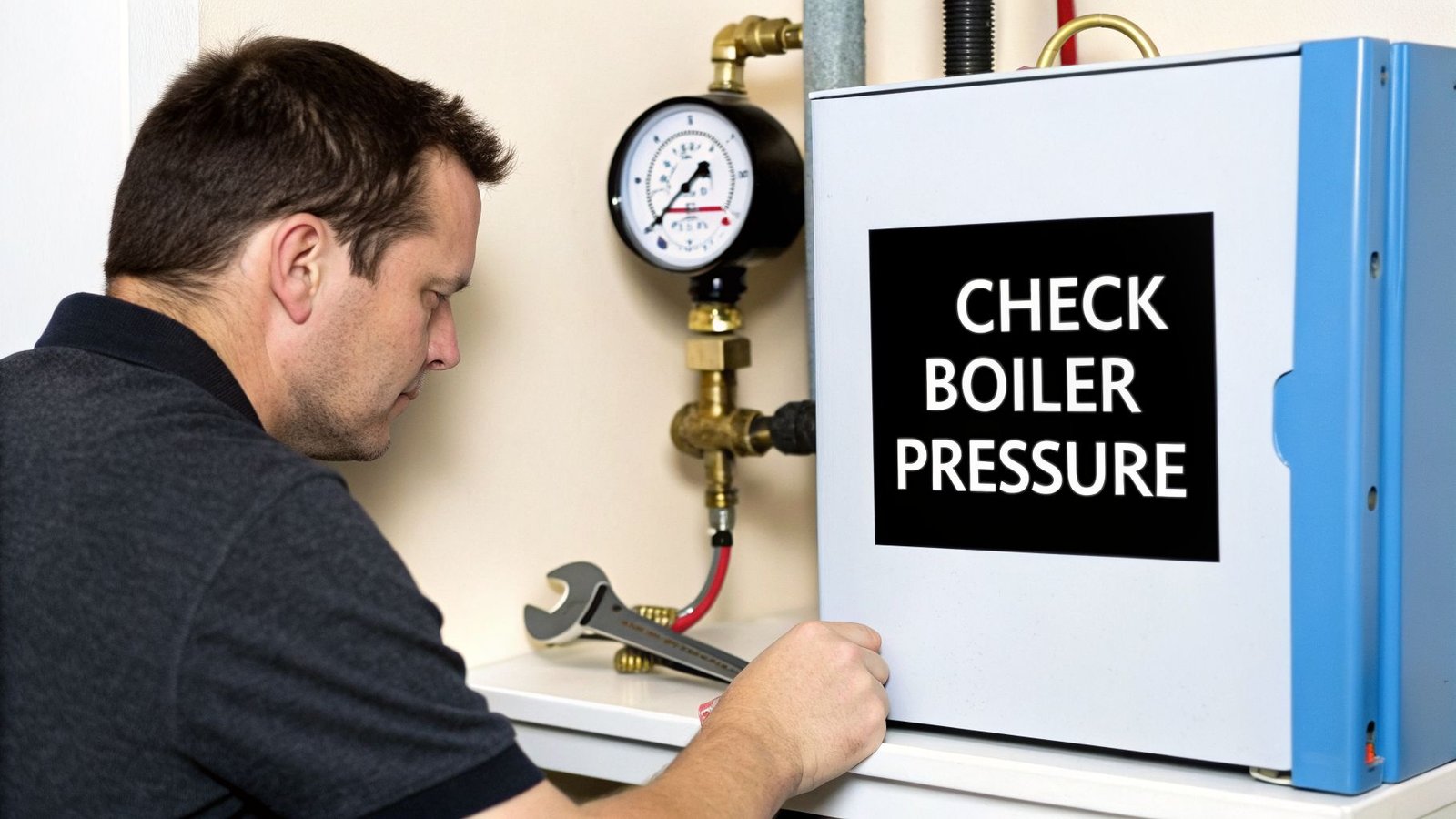 A man in a polo shirt checking a boiler with a wrench, focusing on a display reading "CHECK BOILER PRESSURE."