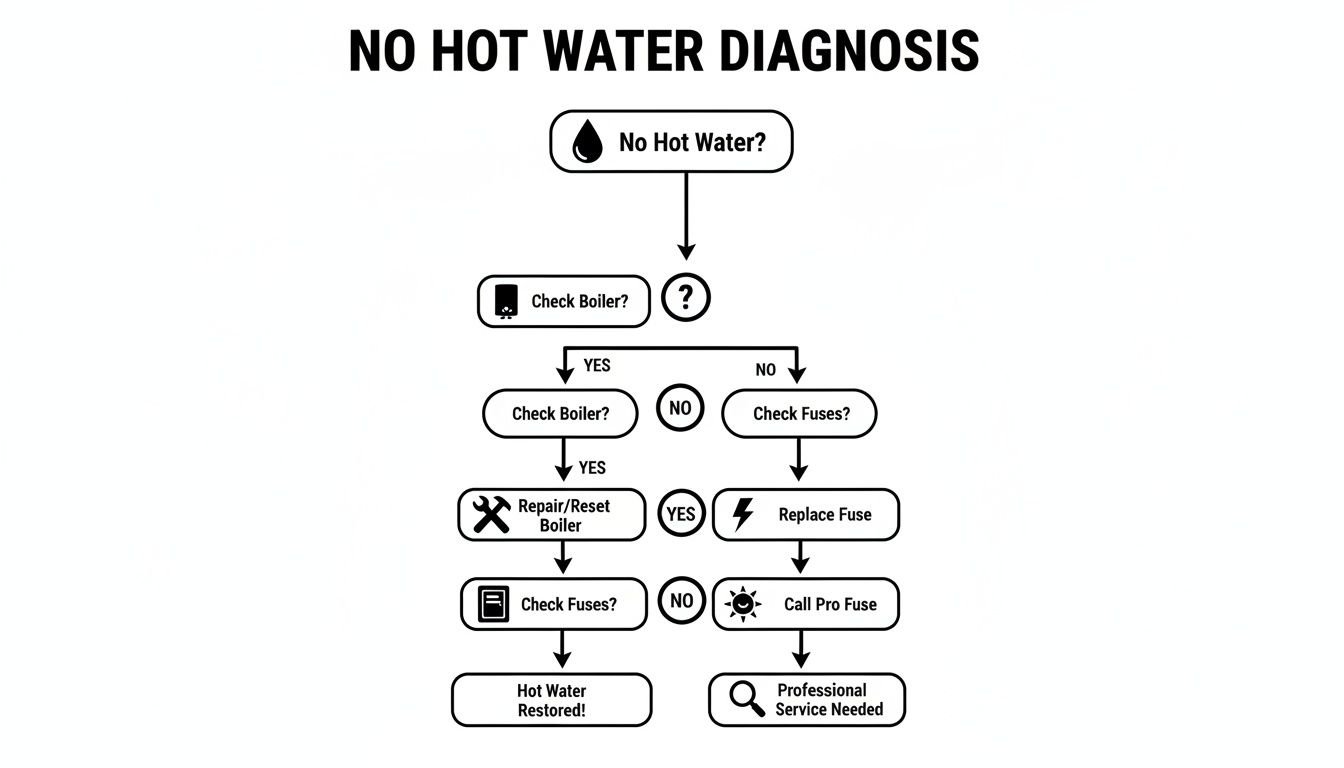 A diagnostic flowchart for no hot water issues, guiding through boiler, fuse checks, and repair steps.