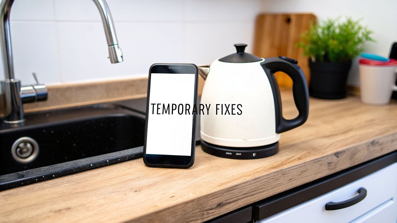A kitchen counter with a smartphone displaying 'TEMPORARY FIXES', an electric kettle, and a sink.