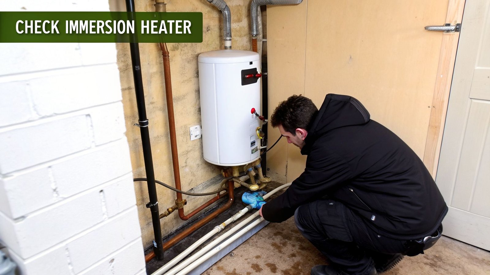 A man in a black jacket crouches to inspect an immersion water heater and its pipes in a utility room.