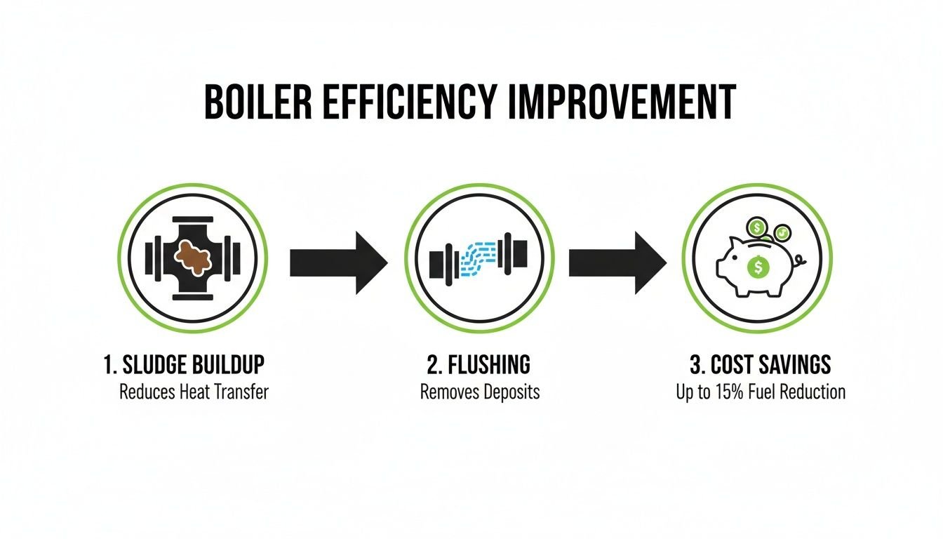 Diagram illustrating three steps for boiler efficiency improvement: sludge buildup, flushing, and resulting cost savings.