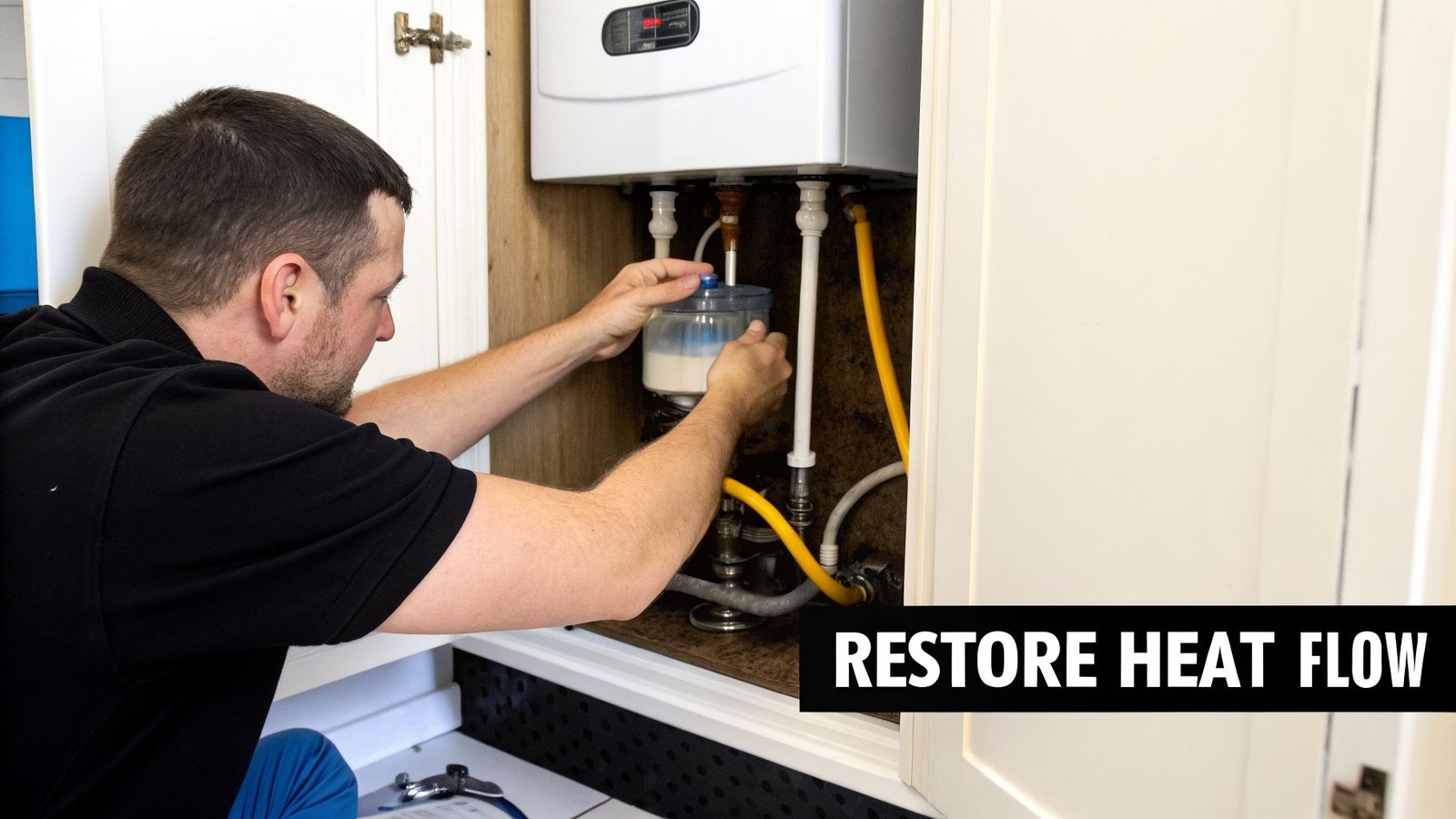 A male technician performs maintenance on a white boiler, using a clear power flushing pot.