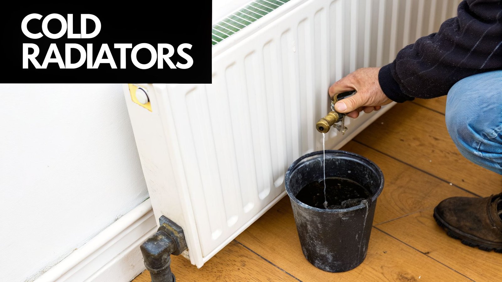 A person drains water from a white radiator into a black bucket, with text 'COLD RADIATORS'.
