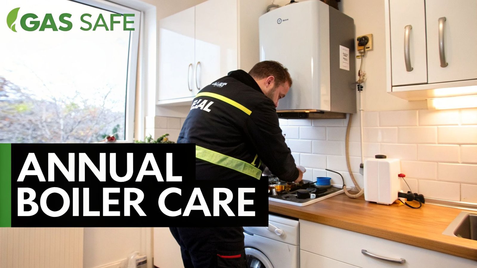 A Gas Safe engineer in uniform performing annual boiler care in a modern kitchen.