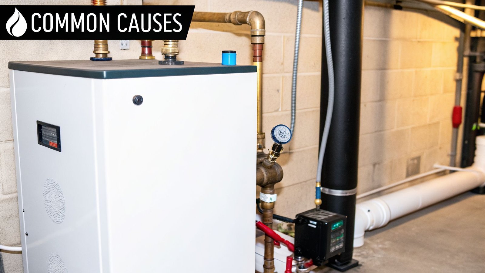 Modern white boiler unit with brass pipes and pressure gauge in a utility room.