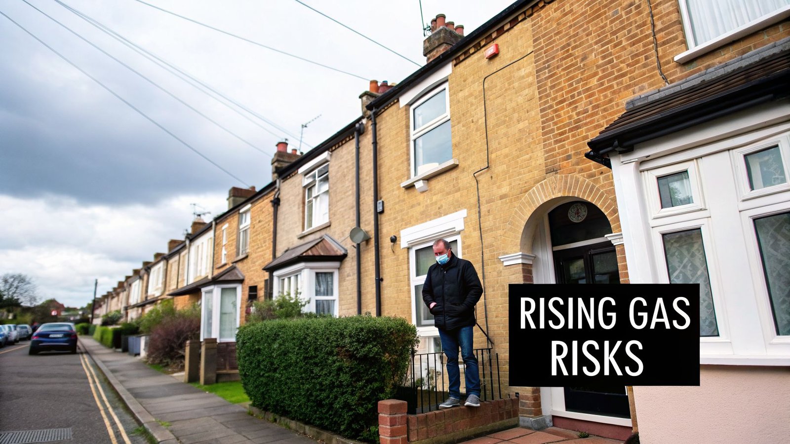 A man in a face mask stands outside a row of terraced houses with a 'Rising Gas Risks' sign.