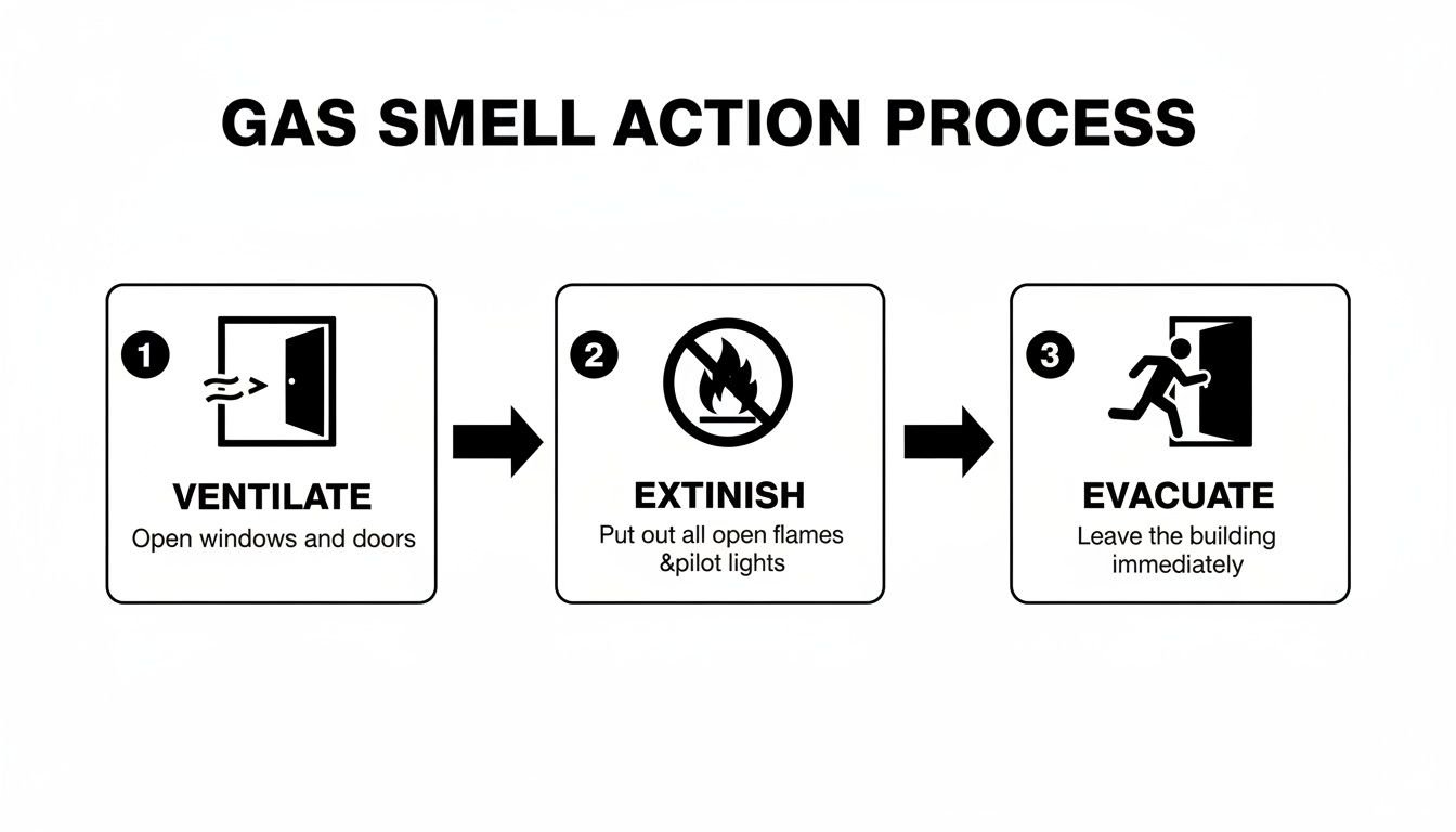 Diagram showing three steps for gas smell action: Ventilate, Extinguish, Evacuate.