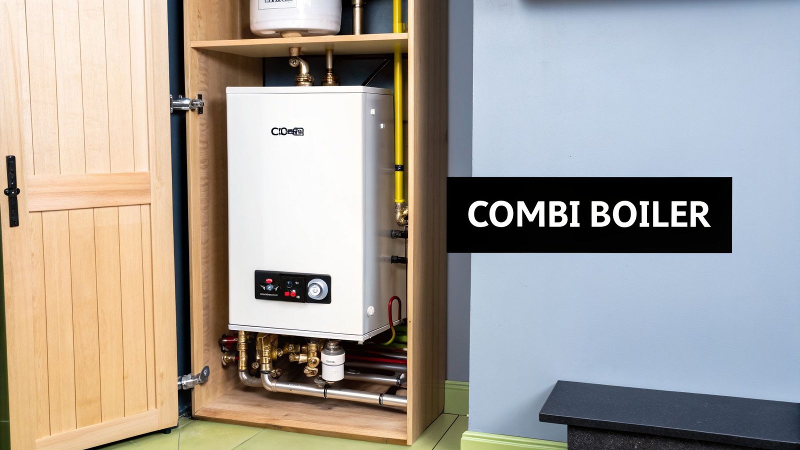 A white combi boiler is neatly installed within a light wooden cabinet, featuring visible pipes and controls.
