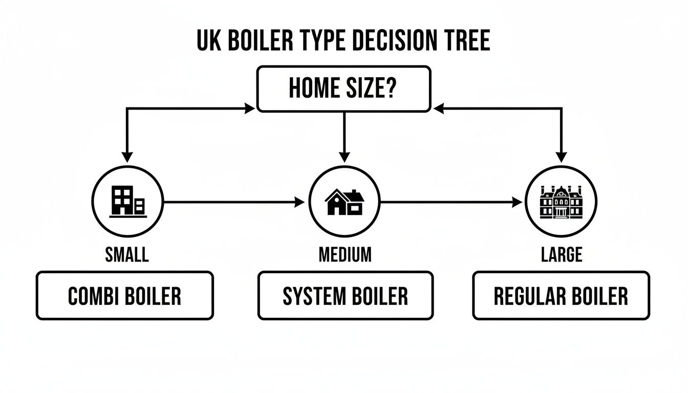 UK boiler type decision tree, guiding selection based on home size: small (Combi), medium (System), large (Regular).
