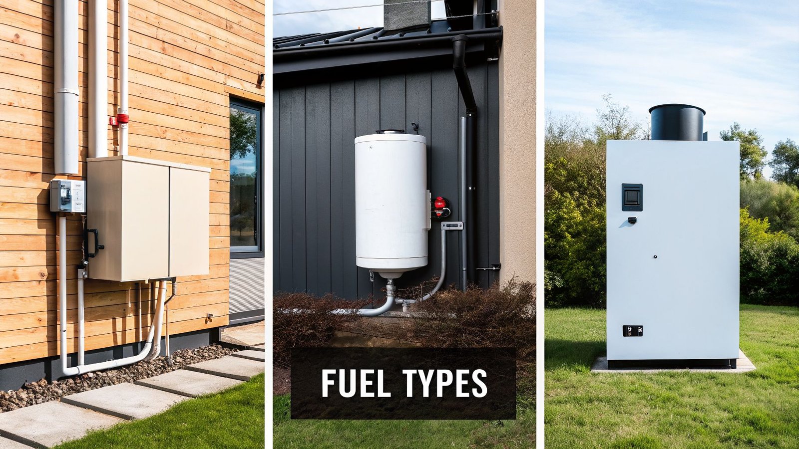 Three outdoor heating systems representing different fuel types: a gas meter, an electric water heater, and an outdoor heat pump.