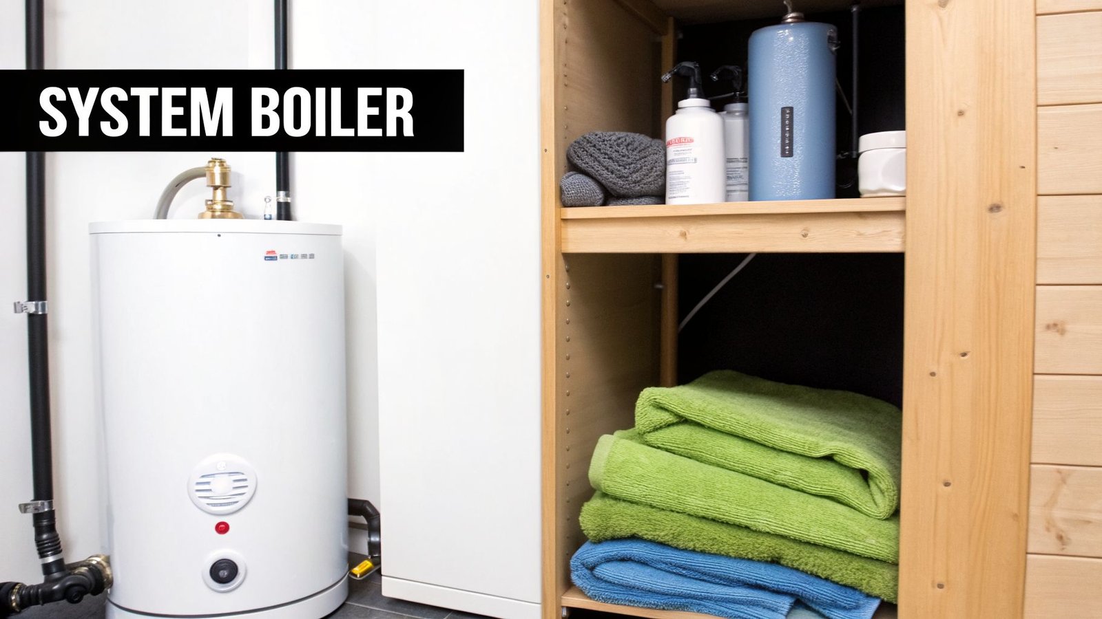 A white system boiler with pipes and gauges in a utility room next to a wooden shelf.