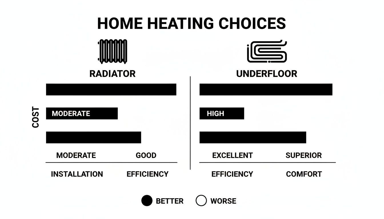 Infographic comparing radiator and underfloor home heating systems by cost, installation, efficiency, and comfort.