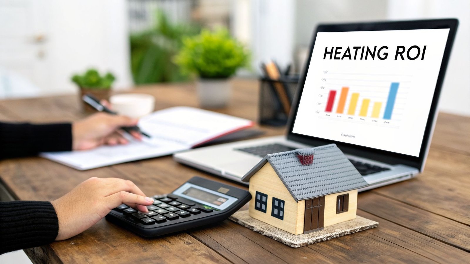 A person calculating heating ROI with a calculator, laptop, and house model on a wooden desk.