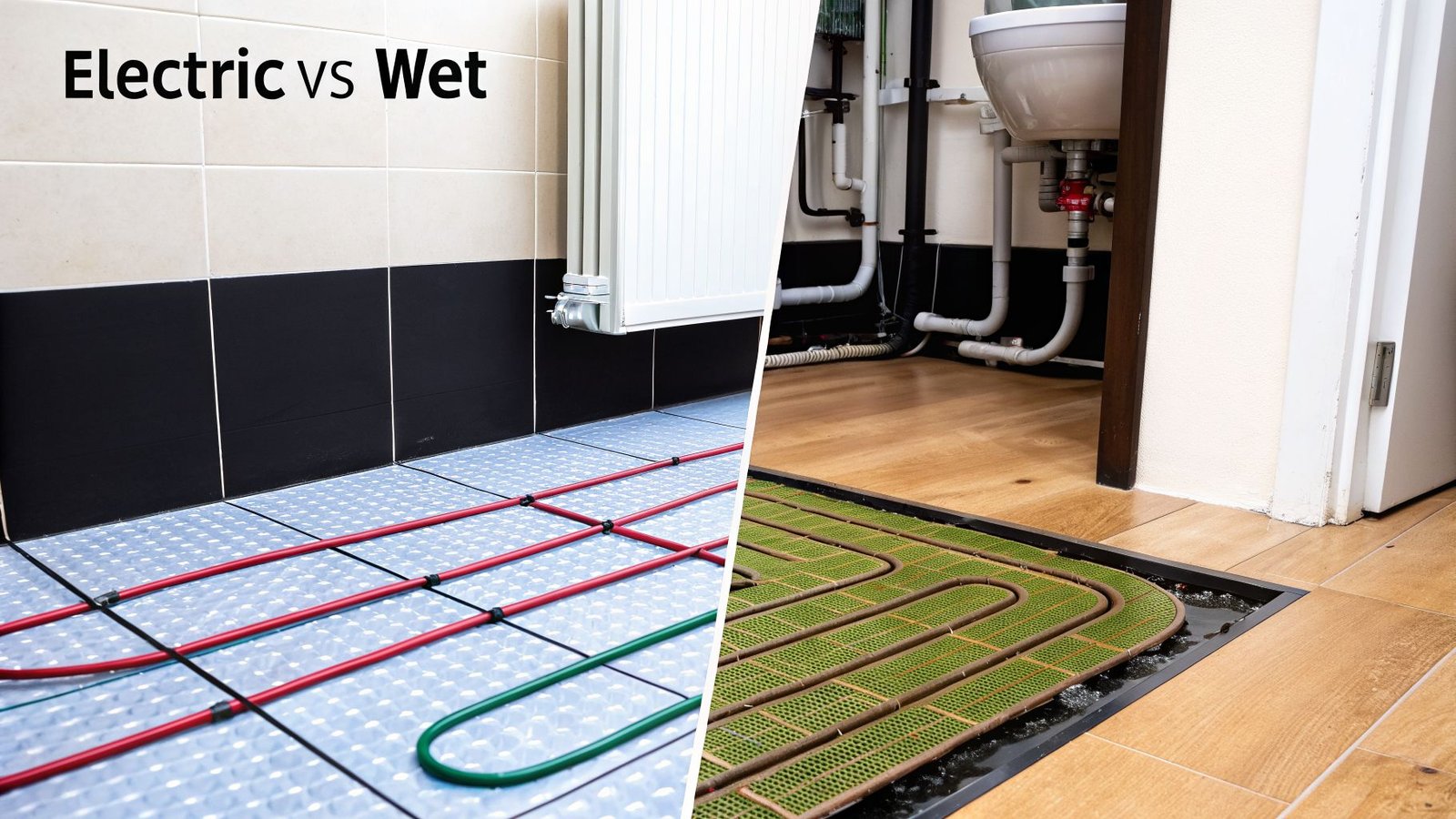 Side-by-side comparison of electric underfloor heating cables versus wet hydronic radiant floor systems.