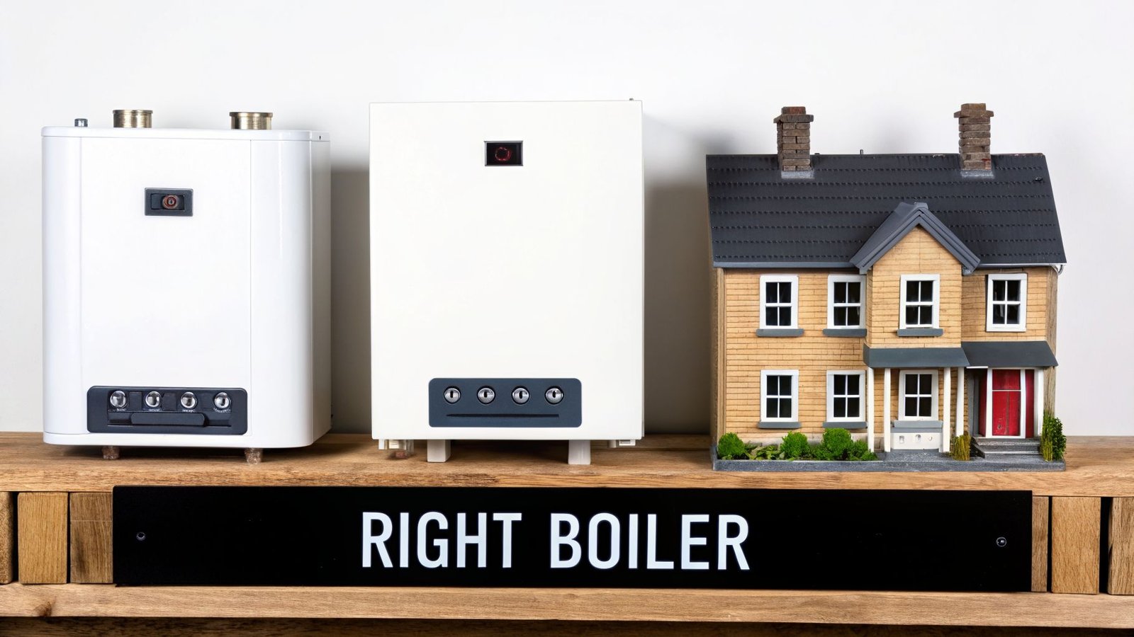 Two modern white boilers and a miniature house on a wooden shelf with a 'RIGHT BOILER' sign.