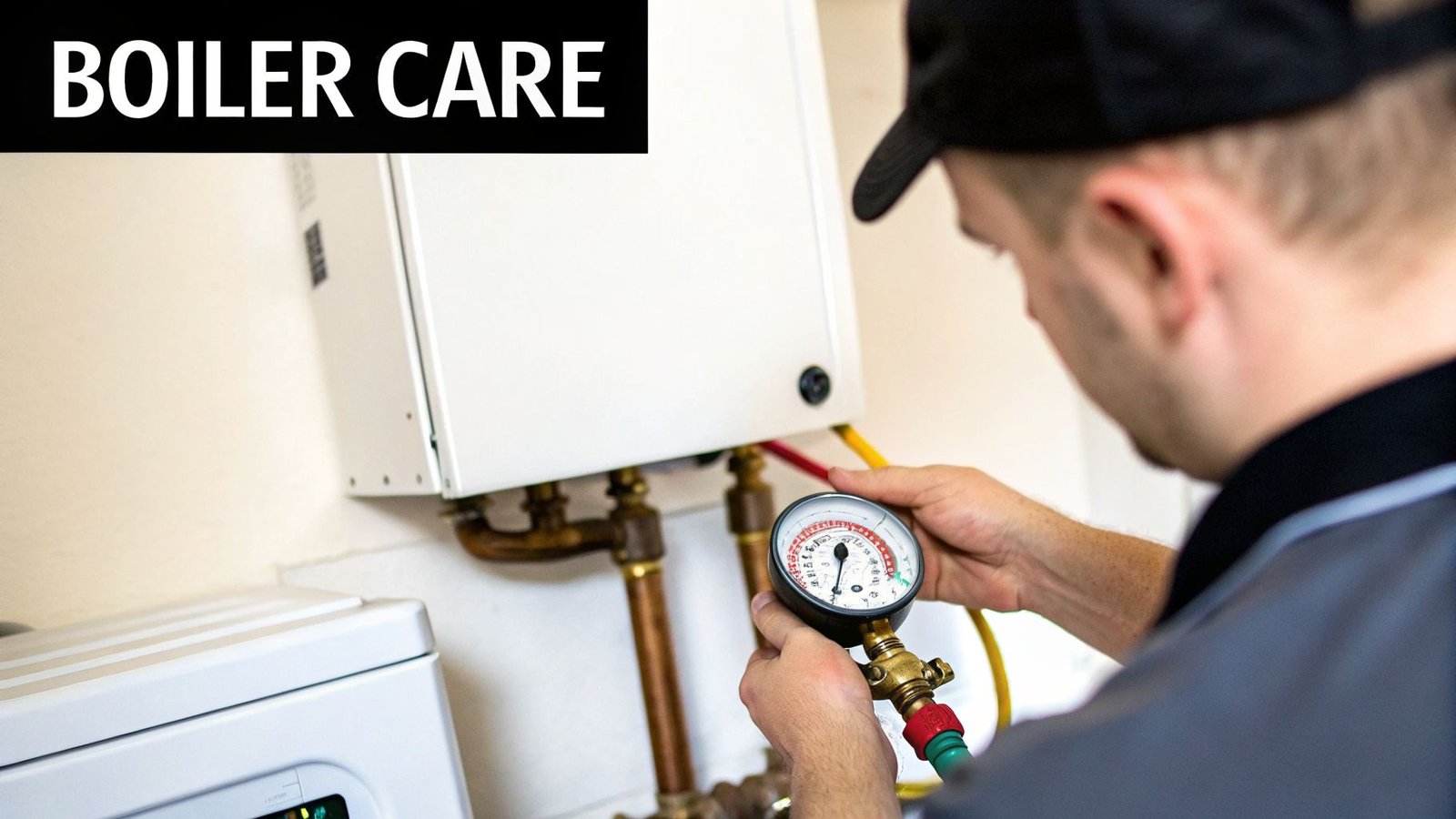 A technician in a cap performs maintenance, measuring pressure on a white boiler unit with a gauge.